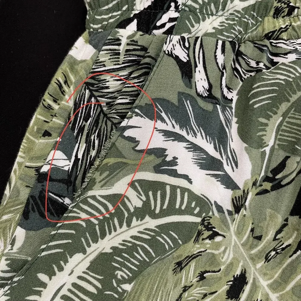 High Rise Tropical Palm Leaf Print Shorts Elastic Waist Green White Large